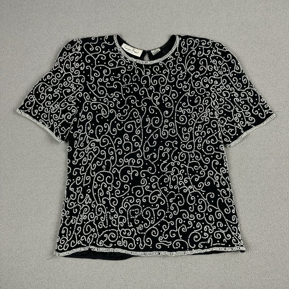 Vtg Laurence Kazar Black Silk Beaded Swirls Formal Short Sleeve Top Sz L *Flaws